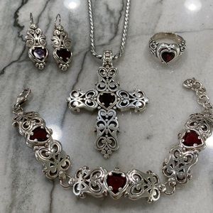 Exquisite Brighton Silver and Garnet Baroque Set: cross, earrings,bracelet, ring